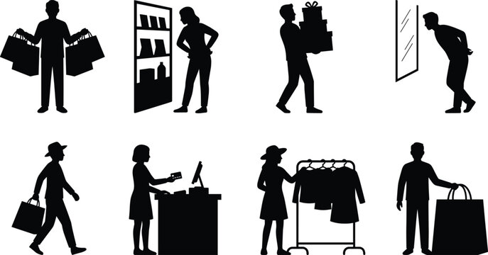 Set of shopping and retail silhouettes featuring consumers with bags, paying at counter, browsing clothes, and buying gifts