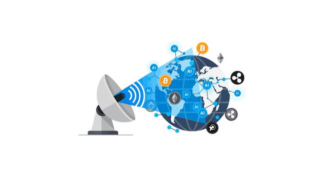 A satellite dish transmits digital data signals to a global network illustration