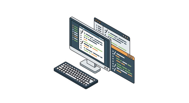An isometric illustration of a computer monitor displaying lines of software code