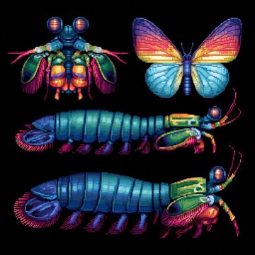 Four peacock mantis shrimp are displayed in various poses with a retro game aesthetic. The colorful pixel art captures their unique features well.