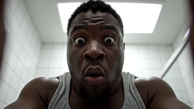 close-up of shocked person looking at camera