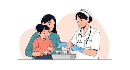 Fototapeta premium Nurse Caring for Child with Mother, Medical Examination, Healthcare Illustration