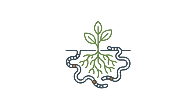 Plant roots and earthworms in soil illustration.
