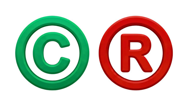 3D green copyright and red registered trademark symbols isolated on PNG transparent background, transparent, background