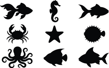Fototapeta premium Marine life silhouettes Fish seahorse crab octopus and starfish shapes
