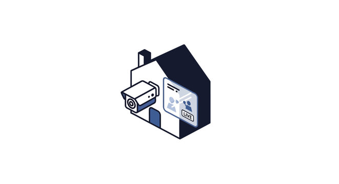 An isometric illustration of a house with a security camera and live video feed