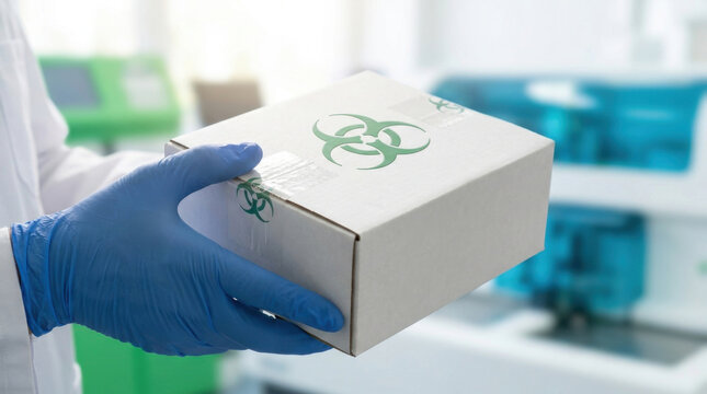Gloved hand holding medical box in laboratory with biohazard symbol and sterile packaging