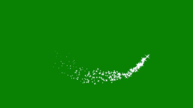 White glowing sparkle stars animation, magical glitter dust trail, flashing twinkling starlight, doodle cartoon glitter burst, shimmering fairy particle effects, chroma key green screen background, 4k