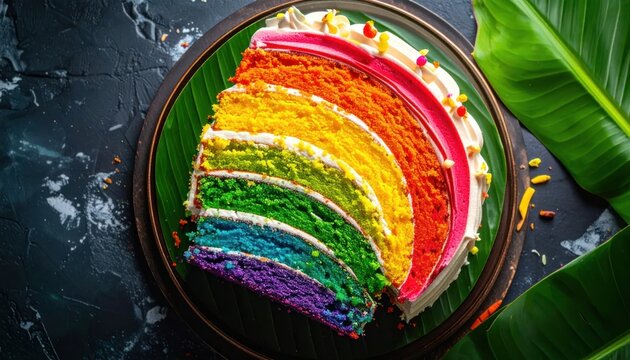 Slice of colorful rainbow layer cake on tropical leaf.