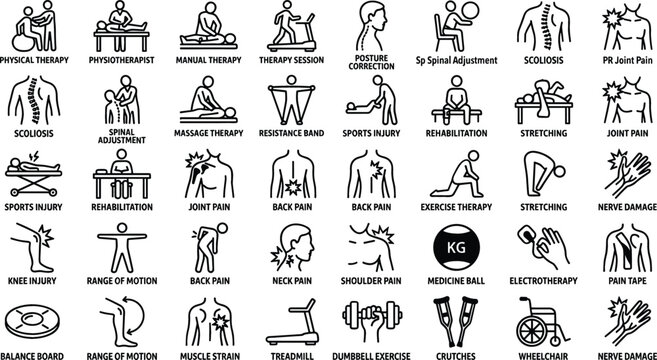 Physiotherapy and Physical Therapy Line Icon Set Featuring Rehabilitation Chiropractic Injury Recovery Exercise Equipment and Pain Management Outline Symbols