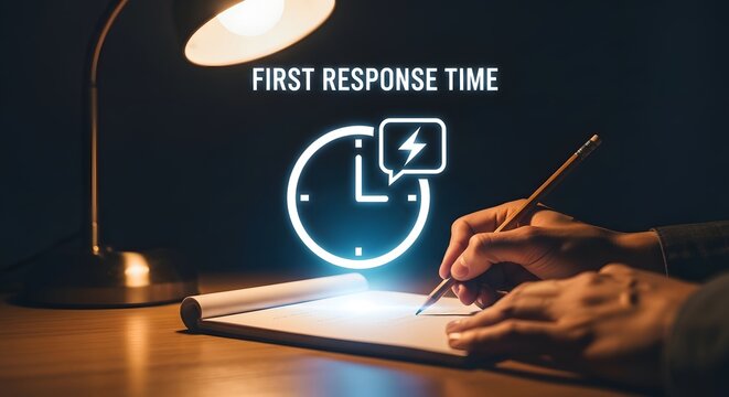 First response time concept with clock icon and business professional writing