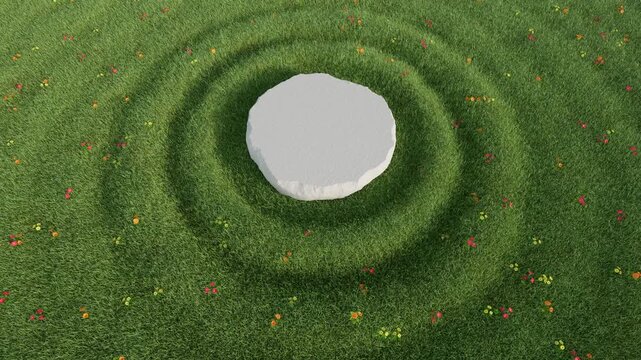 Top down 3d render of white stone pedestal on green grass with ripple pattern, seamless loop organic product display background.  3d rendering not AI
