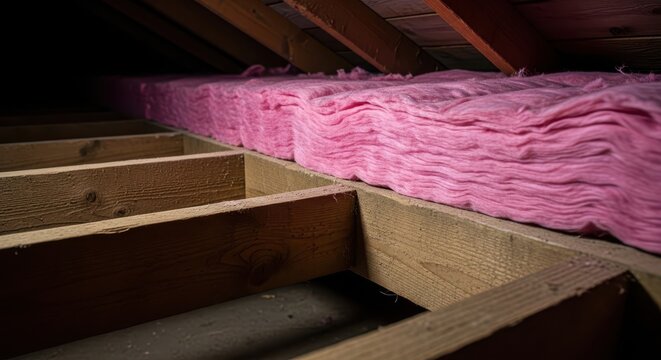 Thick layer of pink fiberglass batting insulation resting between wooden ceiling joists in a dark attic space. Enhancing home thermal performance, wood, insulation, installation