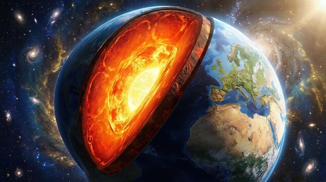 Earth, cutaway section displays internal structure, visible crust, solid mantle, molten outer core, glowing inner core, geological formation, planetary composition, deep space cosmic universe.