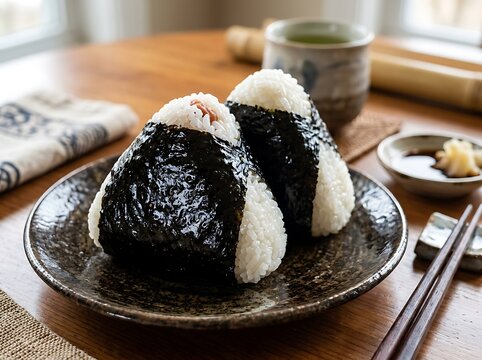 Two delicious onigiri rice balls wrapped in nori seaweed, served on a ceramic plate with a cup of green tea and chopsticks