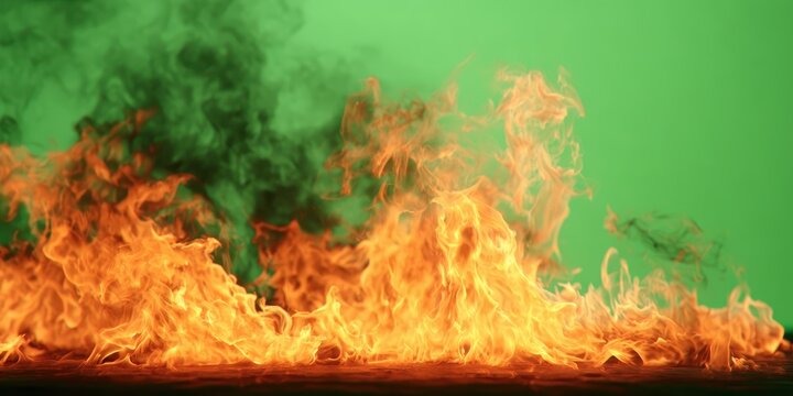 Orange Red Flames Engulf on green screen background. Vibrant fire animated on green backdrop. Burning flame animation. Frame Template. Chroma key. Motion graphics. Creative video for overlay. Inferno
