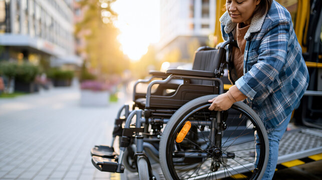 Faceless attendant securing an empty mobility chair onto a vehicle lift ramp at a clean bright curbside soft daylight accessible transport wheelchair lift inclusive mobility