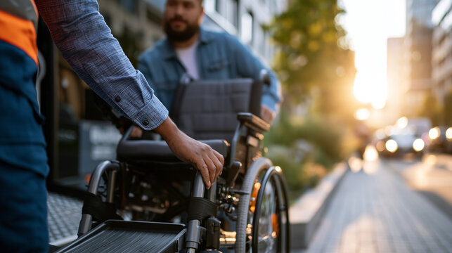 Faceless attendant securing an empty mobility chair onto a vehicle lift ramp at a clean bright curbside soft daylight accessible transport wheelchair lift inclusive mobility