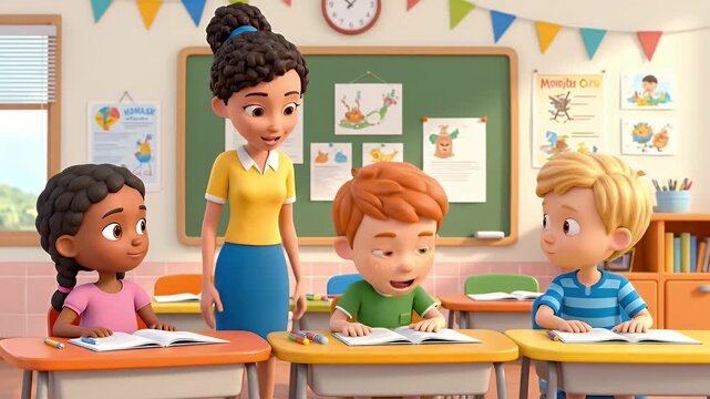 Enthusiastic Elementary Students in Classroom with Teacher Asking Questions Cartoon Style Happy Pupils in Yellow Toned