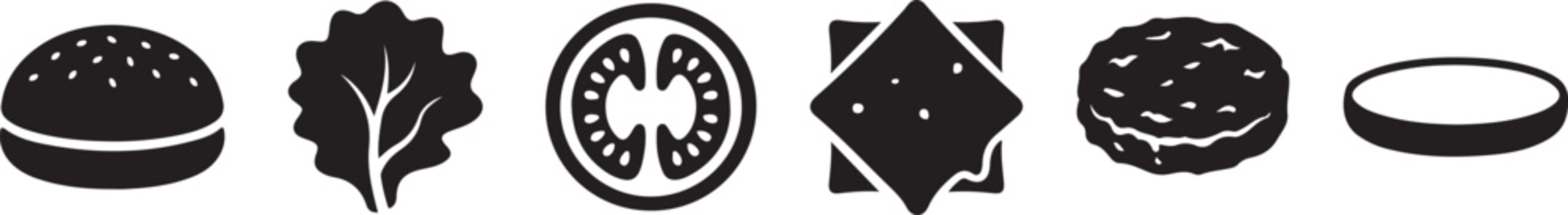 Burger ingredients icons set including bun lettuce tomato slice cheese piece meat patty and bottom bread isolated black.