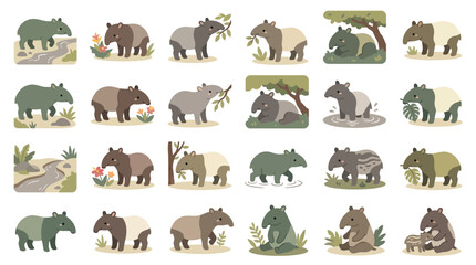 Fototapeta premium Collection of cute tapir illustrations in various poses and environments, showcasing their unique appearance and gentle nature.