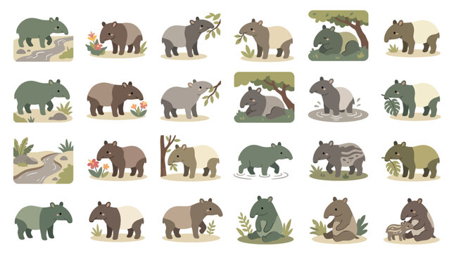 Collection of cute tapir illustrations in various poses and environments, showcasing their unique appearance and gentle nature.