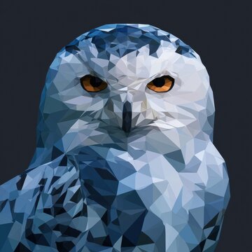 A snowy owl created with blue and white polygons on a dark background. The design features sharp edges and a modern style.