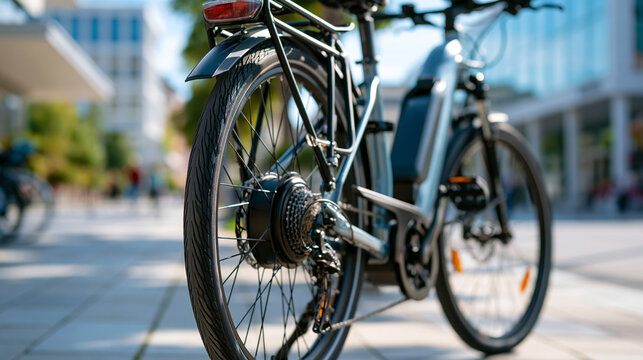 Defocused detail of an electric assist bicycle drive unit and rear wheel clean bright pavement background no people electric bike e mobility sustainable transport