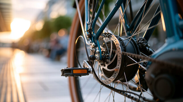 Defocused detail of an electric assist bicycle drive unit and rear wheel clean bright pavement background no people electric bike e mobility sustainable transport