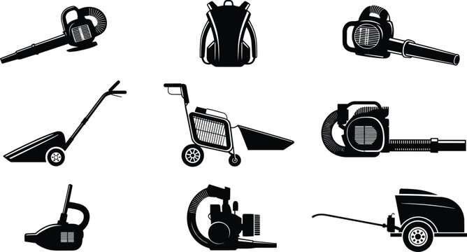 Vector collection of outdoor cleaning equipment icons including leaf blowers, lawn mowers, vacuums, and pressure washer designs