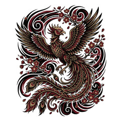 Fototapeta premium Phoenix Bird Japanese Tattoo Art with Cherry Blossoms and Ornate Swirls