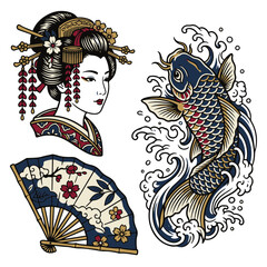 Traditional Japanese Tattoo Art Featuring Geisha Koi Fish and Folding Fan © Dwi