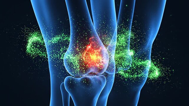3D medical animation of human knee joint with red glowing pain inflammation. Translucent blue bones surrounded by floating neon green particles on dark background. Perfect for healthcare video