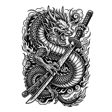 Traditional Japanese Tattoo Dragon Design with Katana Sword and Warlike Fire