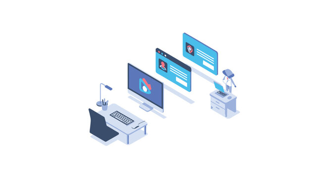 An isometric illustration of a modern digital workspace with computer screens