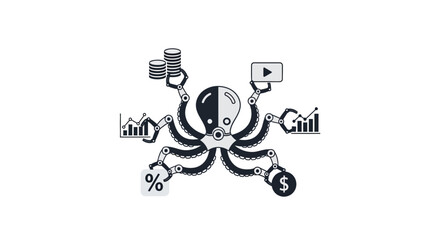 A mechanical octopus managing various digital business and financial data tasks © Muhamad