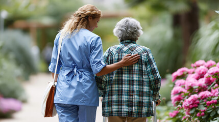 Naklejka premium Nurse gently supporting an elderly woman walking through a bright clean garden path soft greenery mobility support senior care rehabilitation outdoor assistance caregiving