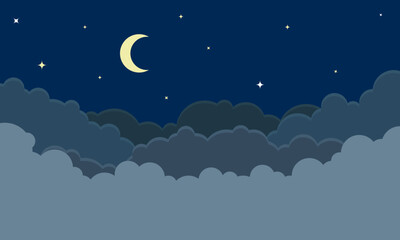 Fototapeta premium Cartoon night cloudscape with moon and stars. Dreamy background of night sky featuring crescent moon and twinkling stars glowing above layered, fluffy dark clouds