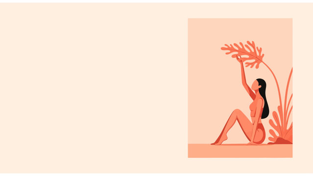 Minimalist Woman and Tropical Leaf Illustration in Warm Coral Tones