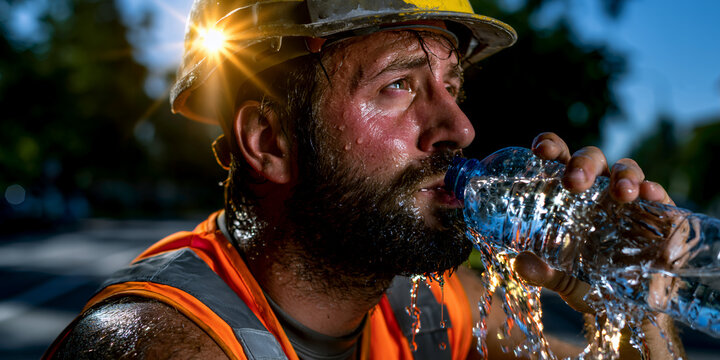 A man in a hard hat pauses from work at a construction site. He sweats as he drinks water on a sunny, hot afternoon. He looks tired yet focused on the task ahead.