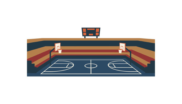 Indoor basketball court interior with a scoreboard and bleacher seating in a clean and simple flat isometric vector graphic illustration design style.