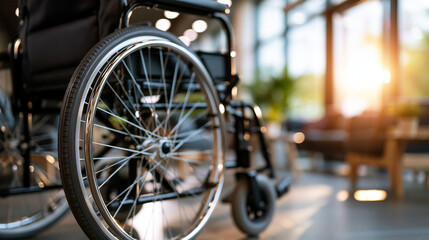Fototapeta premium Defocused detail of an empty mobility wheelchair wheel in a bright sunlit room soft clean background no faces wheelchair mobility aid accessibility disability support