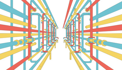 Fototapeta premium Intricate network of industrial pipes in various colors creates a complex structure viewed from a wide perspective.