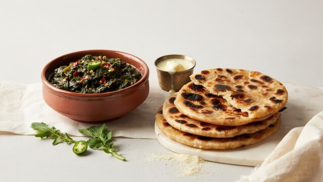 Sarson ka saag served with warm makki di roti and white butter provides a traditional Indian culinary experience.