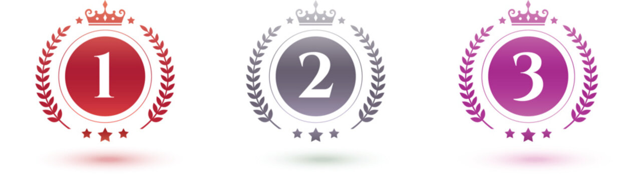 Circular metallic award badges featuring first second and third place numbers enclosed by laurel wreaths crowns and three stars