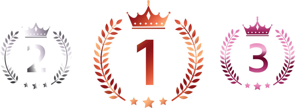 Metallic ranking podium icons featuring first second and third place numbers with laurel wreaths crowns and stars for awards