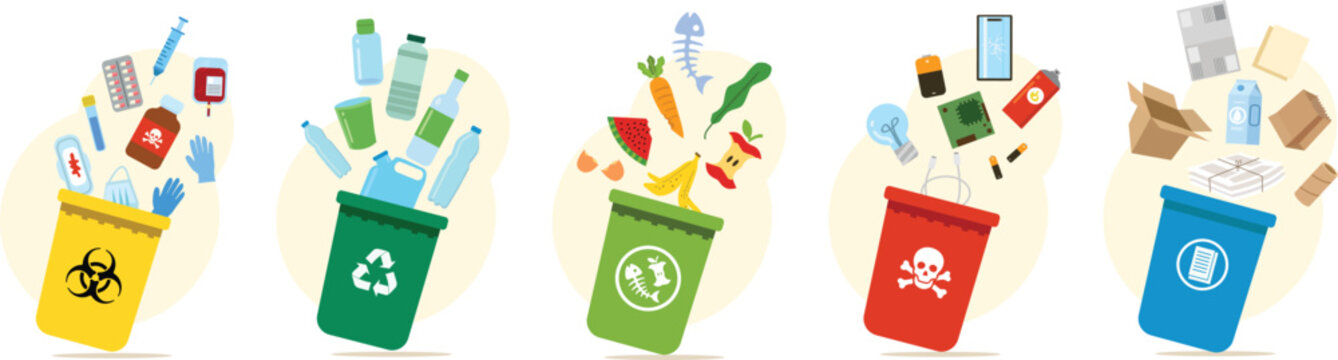 Set of colorful garbage bins with specific trash items illustration for waste sorting classification infographic.