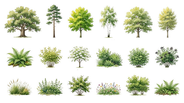 Hand Drawn Watercolor Woodland Trees and Shrubs Vector Set for Landscape Design