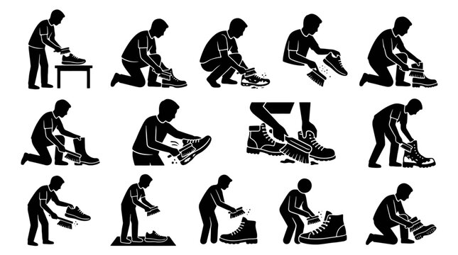 Black silhouette illustrations of various shoe-tying techniques.