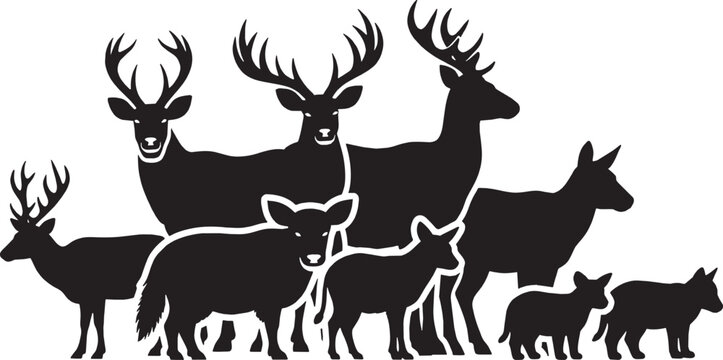 Black silhouette group of wild forest animals including deer and small mammals standing together isolated on transparent background, Vector